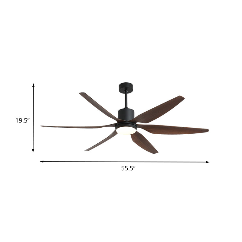 55.5" W LED Semi Flush Lighting Traditional Cylinder Metal Hanging Fan Lamp in Black with 6 Brown Wooden Vanes