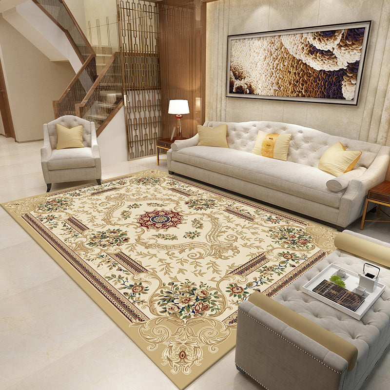 Beige Antique Area Carpet Polyester Medallion Print Area Rug Anti-Slip Area Rug for Drawing Room