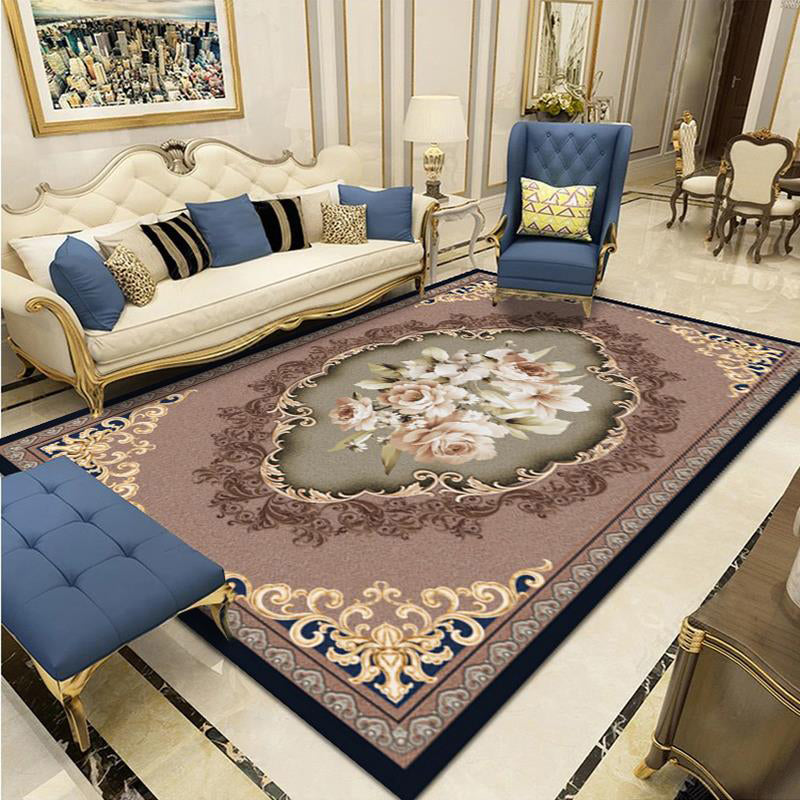Vintage Brown Area Rug Flower Pattern Polyester Area Carpet Non-Slip Backing Rug for Living Room