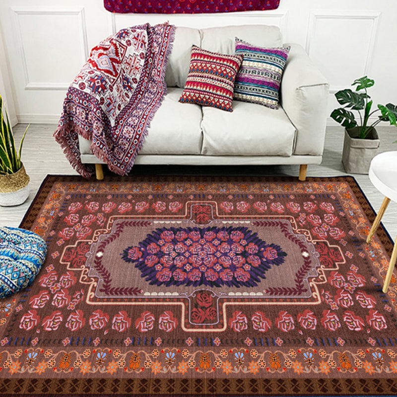 Red Traditional Area Rug Medallion Print Polyester Carpet Stain Resistant Area Rug for Home Decor