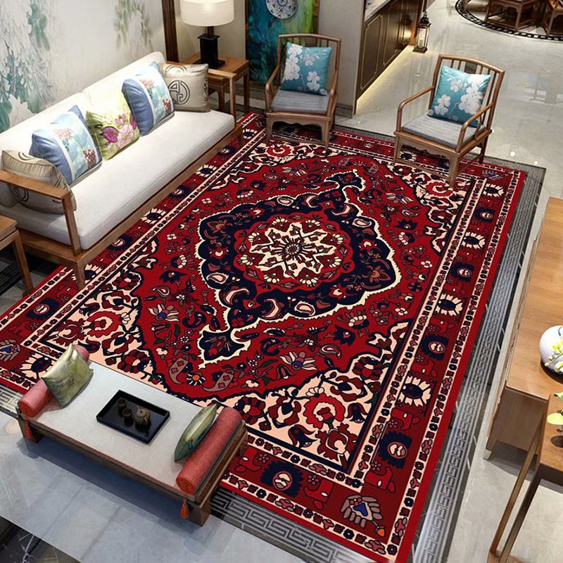 Fancy Red Area Rug Medallion Print Polyester Area Carpet Stain Resistant Rug for Home Decor