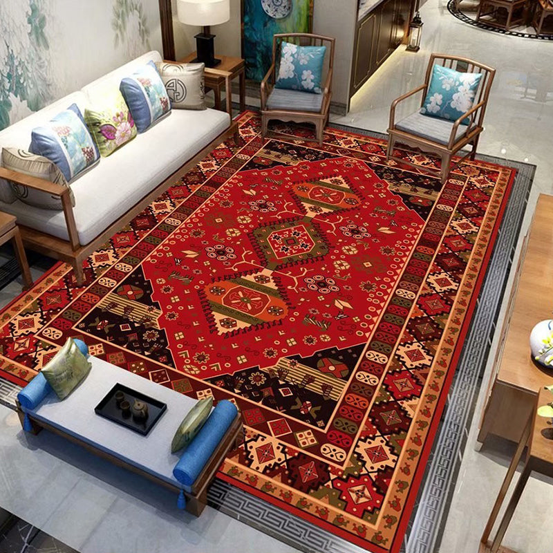 Fancy Red Area Rug Medallion Print Polyester Area Carpet Stain Resistant Rug for Home Decor