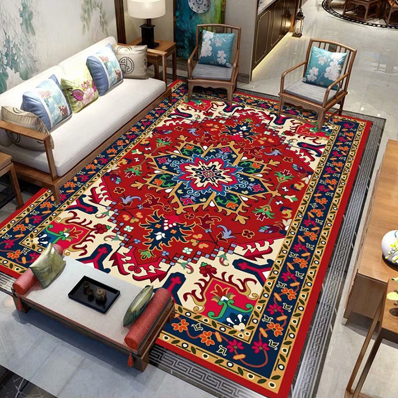 Fancy Red Area Rug Medallion Print Polyester Area Carpet Stain Resistant Rug for Home Decor