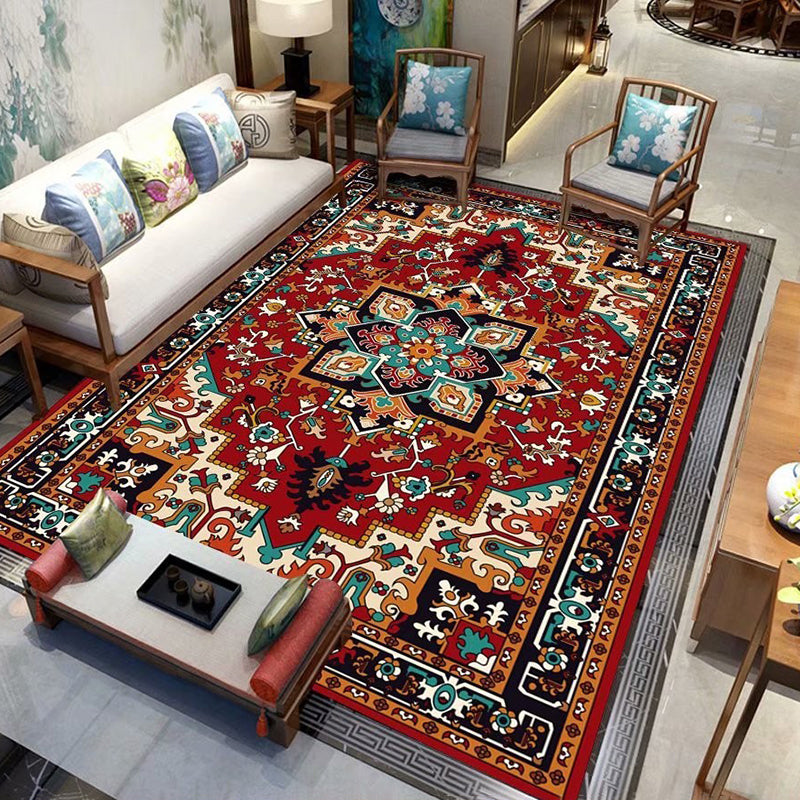 Fancy Red Area Rug Medallion Print Polyester Area Carpet Stain Resistant Rug for Home Decor