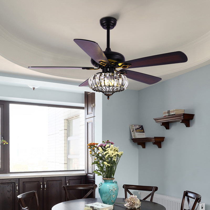 Café foncé LED suspendu ventilateur clair Crystal traditionnel rond semi-flush lampe de montage avec 5 lames en bois pour salle à manger, 52 "de large