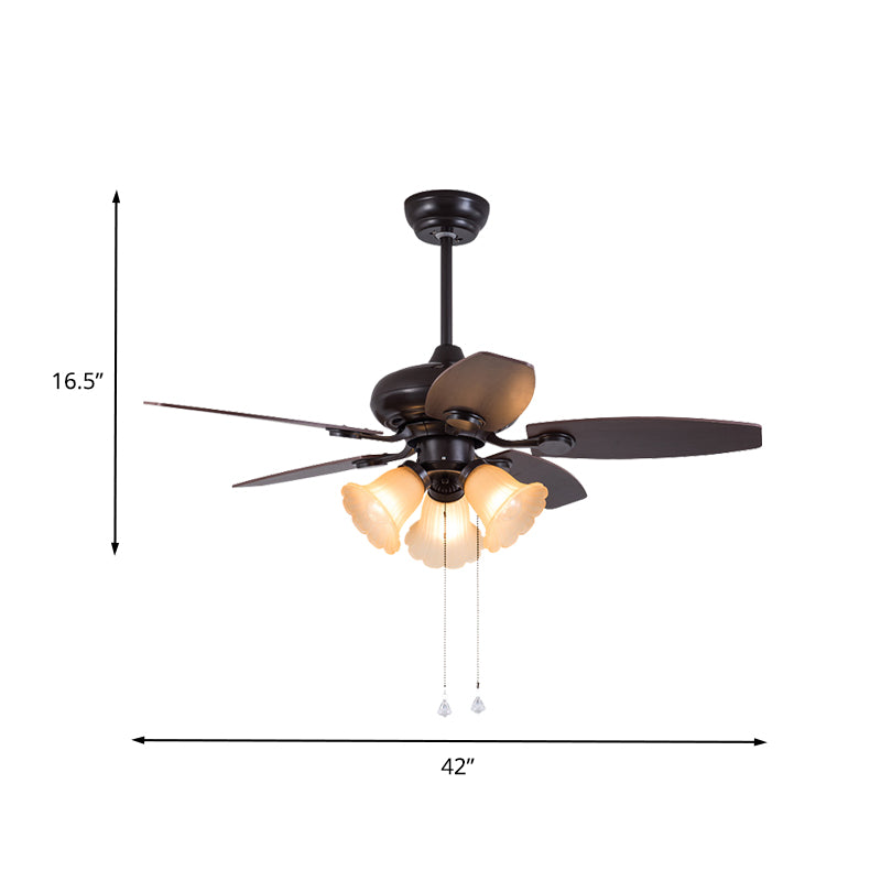 Café foncé 3 têtes de ventilateur suspendu clair fleur en verre givré traditionnel 5 lames semi-flush lampes avec chaîne de traction / télécommande, 42 "W