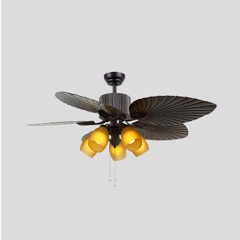 Verre jaune ovale Semi Flush Éclairage traditionnel 5 bulbes de salon plafonnier lampe à fans en brun foncé avec 5 aubes de feuille de chat, 52 "W