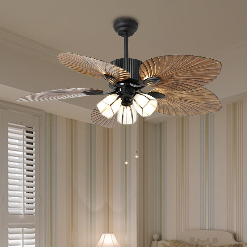 Retro Bell Hanging Fan Light Fixture 3-Bulb 42" Wide Cream Glass 5 Blades Semi Flush Lamp in Brown with Pull Chain/Wall/Remote Control