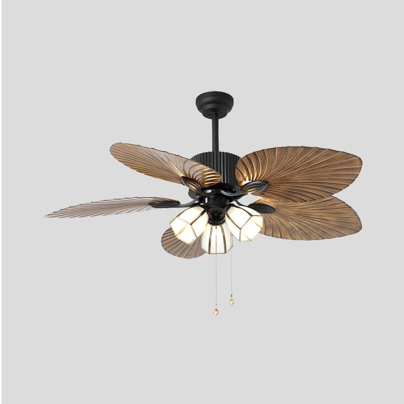 Retro Bell Hanging Fan Light Fixture 3-Bulb 42" Wide Cream Glass 5 Blades Semi Flush Lamp in Brown with Pull Chain/Wall/Remote Control