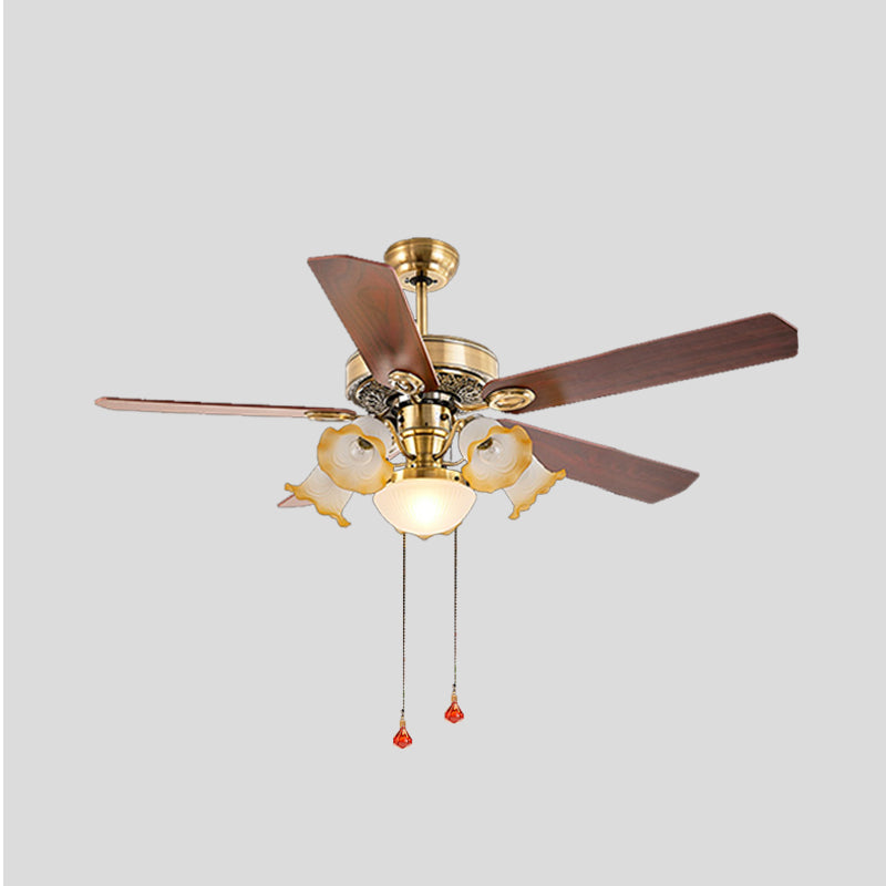48" W Gold 6 Lights Semi Flush Lighting Antiqued Metal Round 5 Wood Blades Hanging Ceiling Fan Lamp with Floral Opal Glass Shade, Pull Chain/Remote/Wall Control