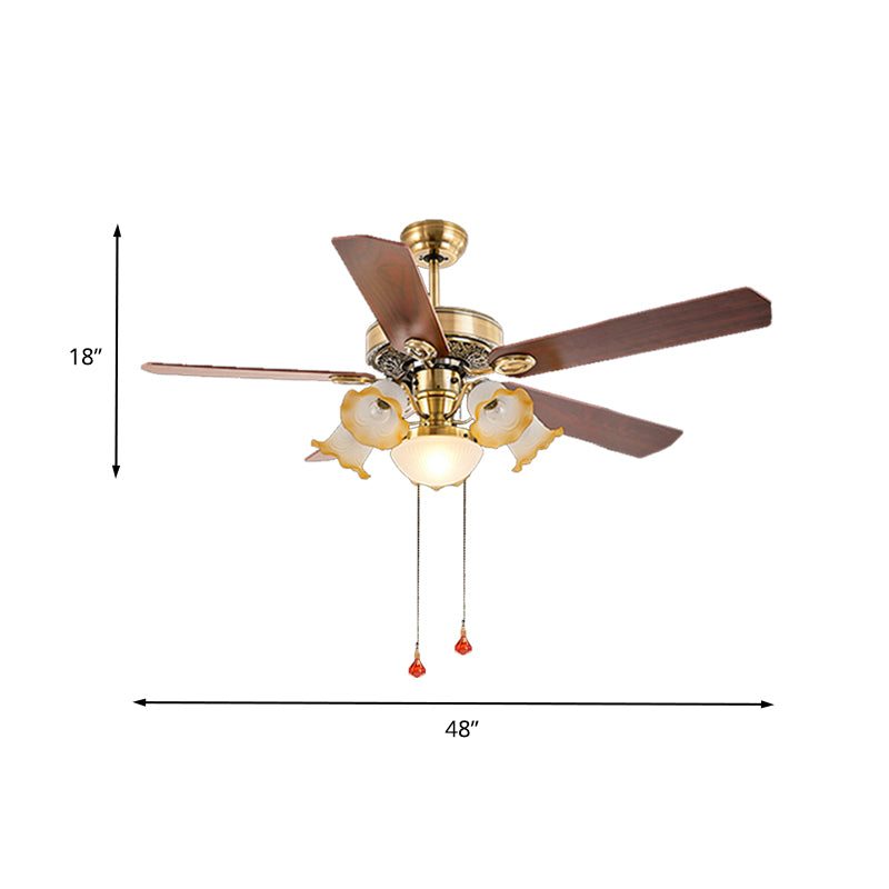 48" W Gold 6 Lights Semi Flush Lighting Antiqued Metal Round 5 Wood Blades Hanging Ceiling Fan Lamp with Floral Opal Glass Shade, Pull Chain/Remote/Wall Control