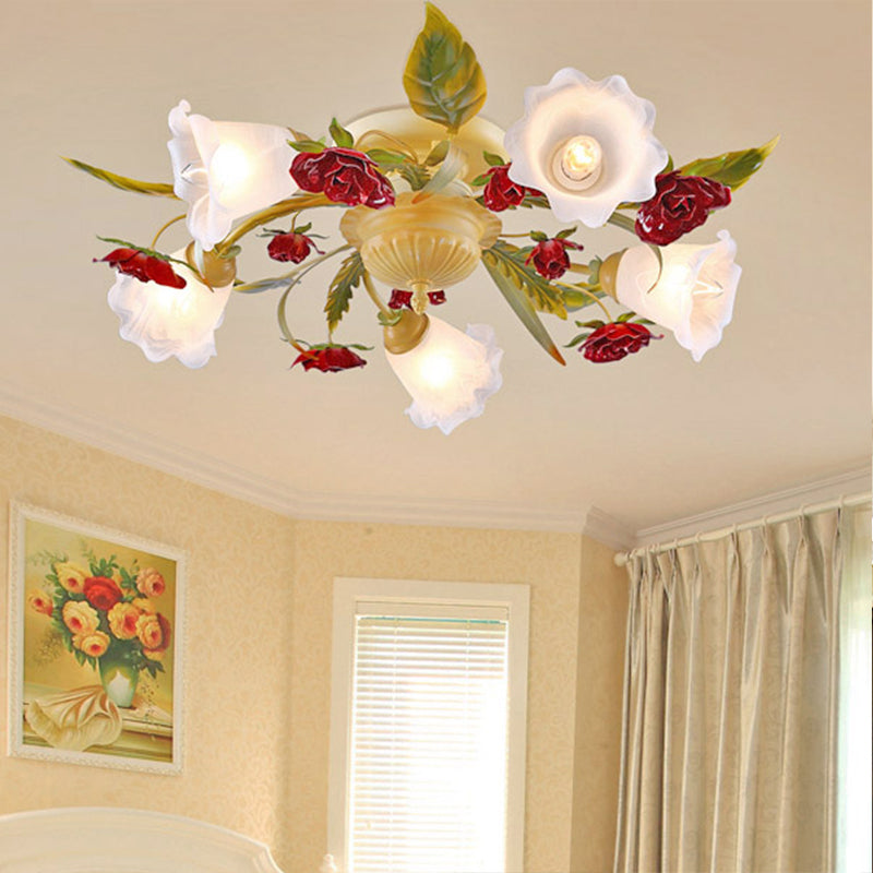 Coffee Spiral Semi Flush Mount Country Metal 3/5/8 Bulbs Living Room Close to Ceiling Lamp with Rose Decoration