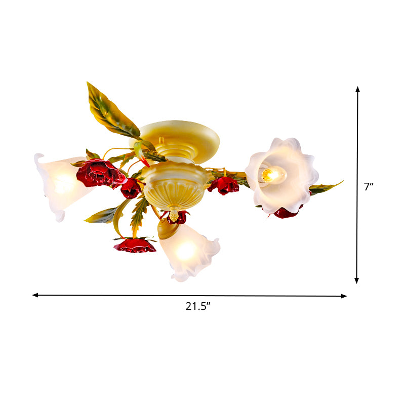 Coffee Spiral Semi Flush Mount Country Metal 3/5/8 Bulbs Living Room Close to Ceiling Lamp with Rose Decoration