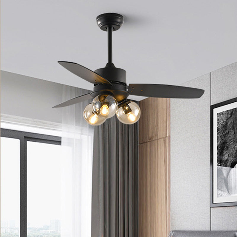 3 Heads Ball Semi Flush Lighting Industrial White/Black Clear Glass 3 Blades Hanging Fan Lamp for Restaurant, 42" W