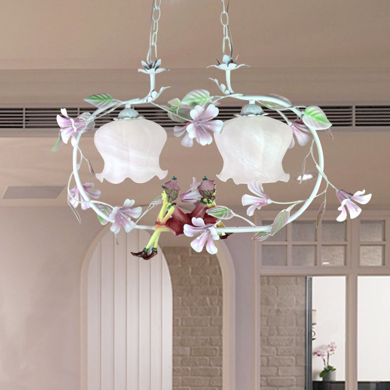 Pink Oval Hanging Chandelier Pastoral White Glass 2 Lights Living Room Ceiling Pendant