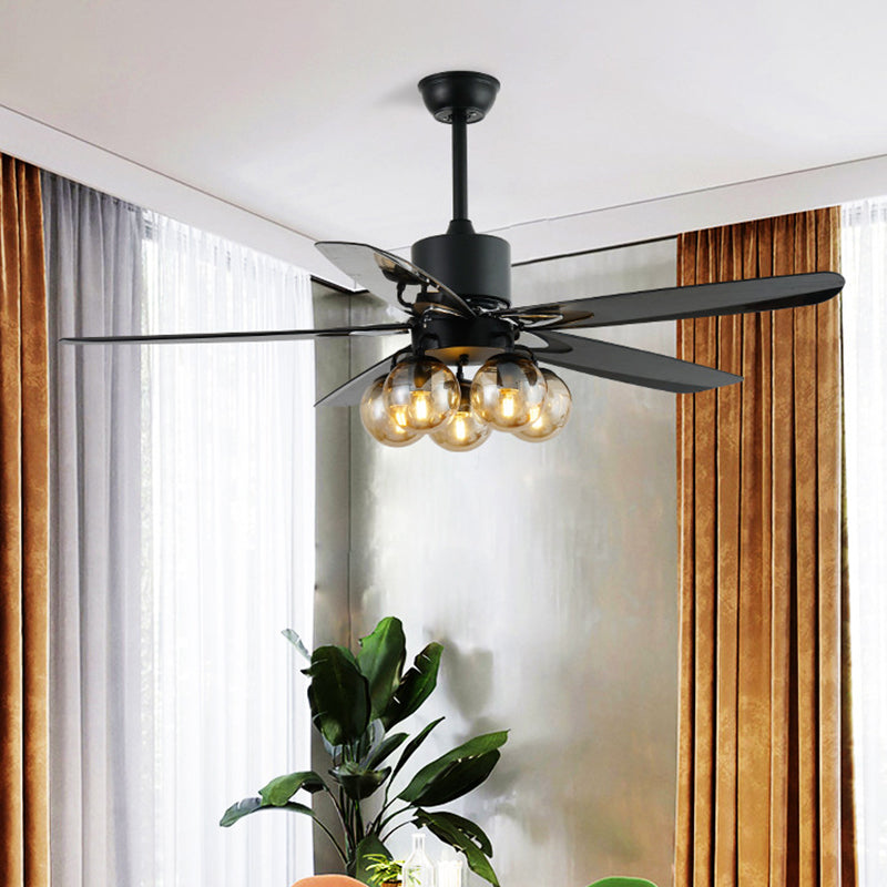 Black 5 lampadina ventola soffitto luce anticato vetro trasparente globale lampada montata semi con 5 pale, larghe 56 "