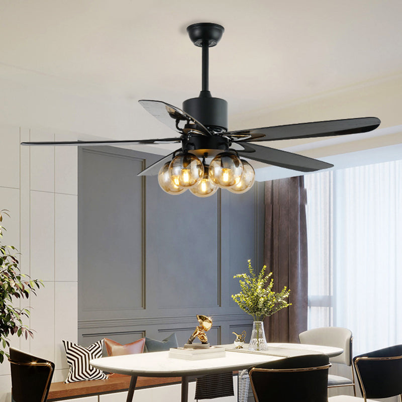 Black 5 Bulbs Ceiling Fan Light Antiqued Clear Glass Global Semi Flush Mounted Lamp with 5 Blades, 56" Wide