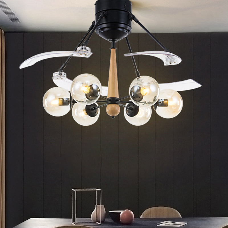 Sfera industriale lampada da ventola a soffitto appeso 48 "w 6 teste in vetro trasparente semifulto in nero con design radiale, 4 lame trasparenti