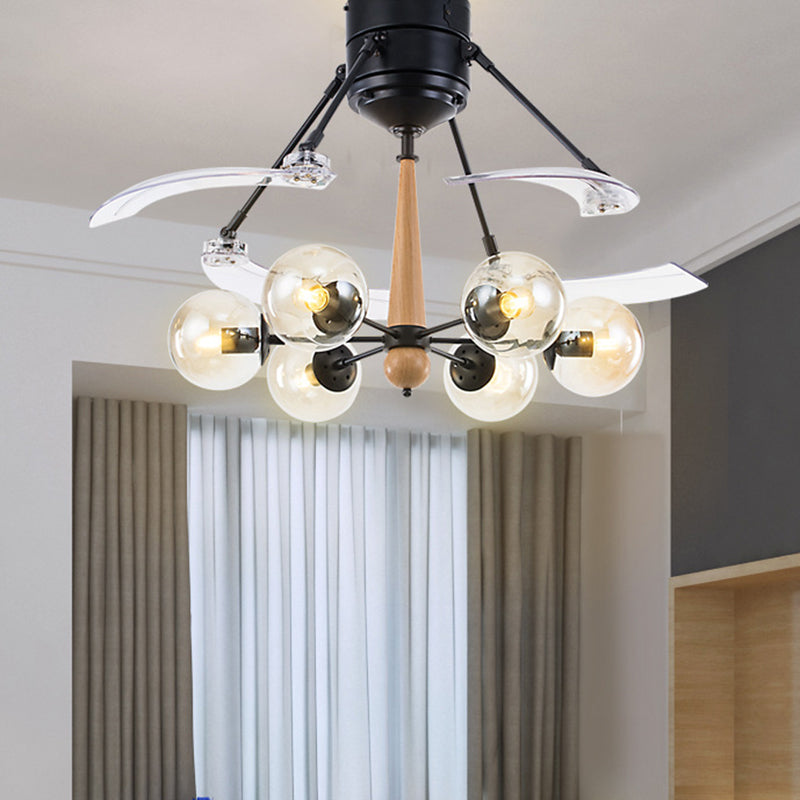 Sfera industriale lampada da ventola a soffitto appeso 48 "w 6 teste in vetro trasparente semifulto in nero con design radiale, 4 lame trasparenti