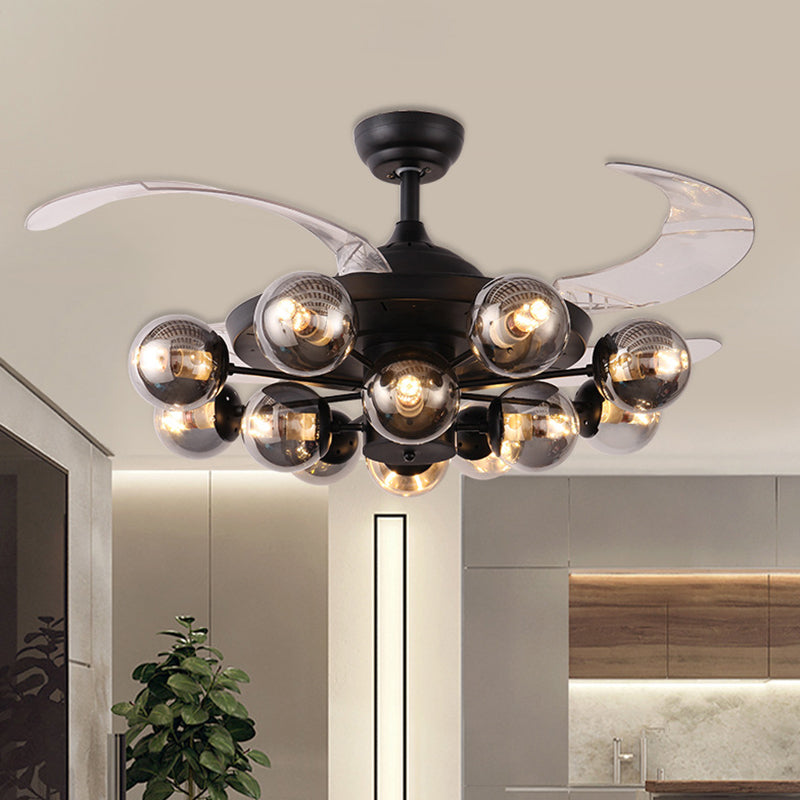 42" Wide 12-Light Clear Glass Semi Flush Lamp Vintage Black Ball Living Room Pendant Fan Light wtih 4 Clear Blades, Wall/Remote Control