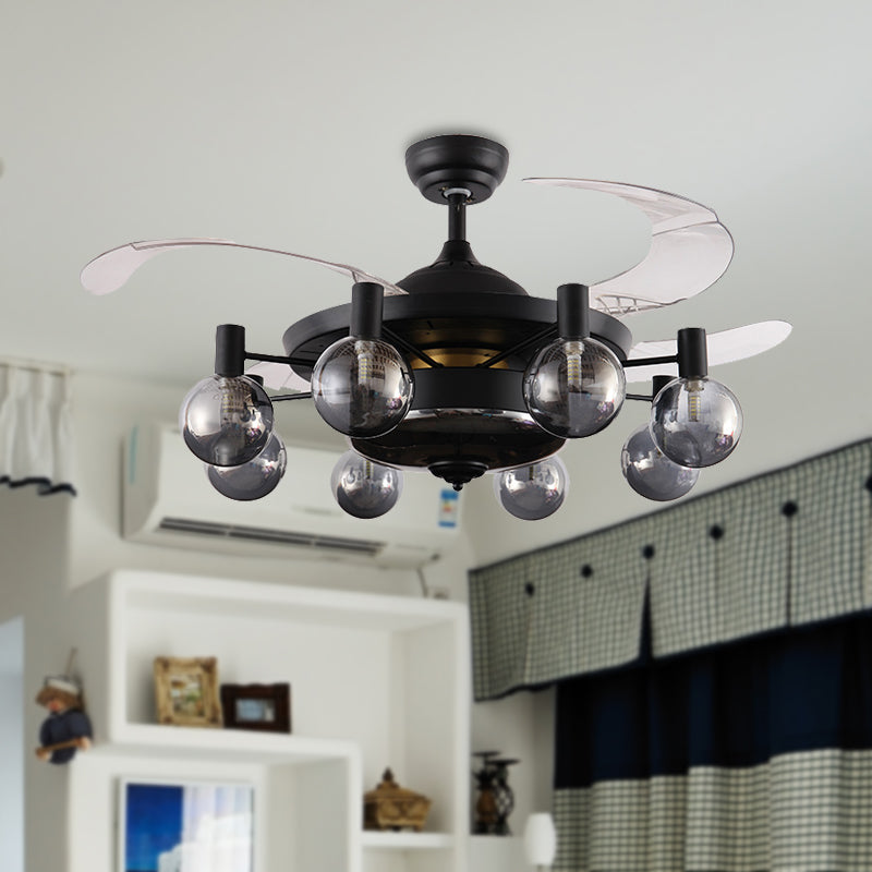 Ventola di soffitto nero in metallo Sputnik 48 "Lampa da semifulona industriali a 8 pale a 8 teste larga con tonalità di vetro grigio, muro/telecomando