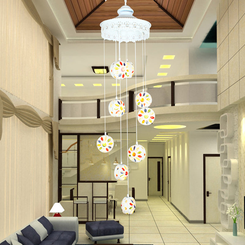 Clustro bianco metallo a ciondolo Circolare Circolare a 9 teste Lampada tradizionale per soggiorno per soggiorno
