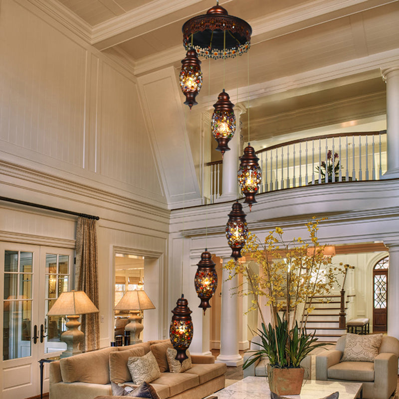 6 bulbos colgante de clúster ovalado bohemio cobre metal luz de techo colgante para sala de estar
