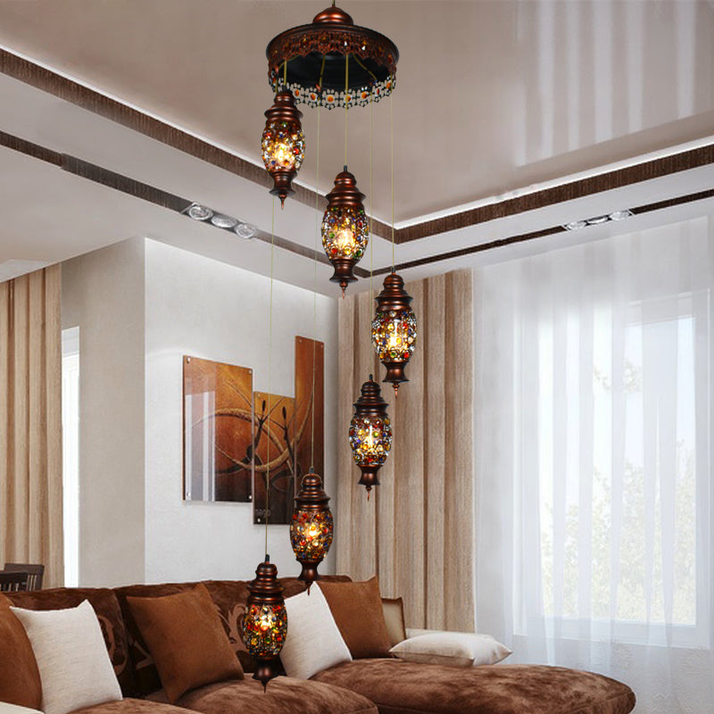 6 lampen ovaal cluster hanger Boheems koperen metaalhangend plafondlicht voor woonkamer