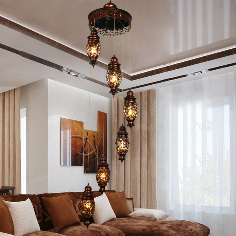 6 Bulbs Oval Cluster Pendant Bohemian Copper Metal Hanging Ceiling Light for Living Room