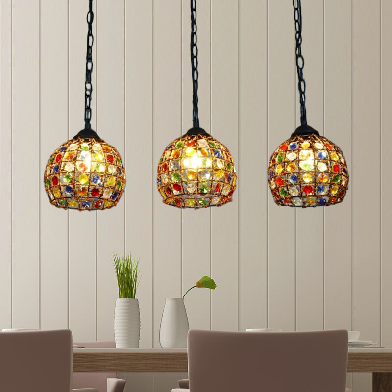 Dome Restaurant Cluster Pendant Light Bohemian Metal 3 Lights Black Hanging Lamp with Round/Linear Canopy