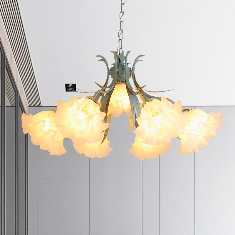 White Glass Green Hanging Chandelier Bloom 4/6/9 Lights Countryside Down Lighting Pendant for Living Room