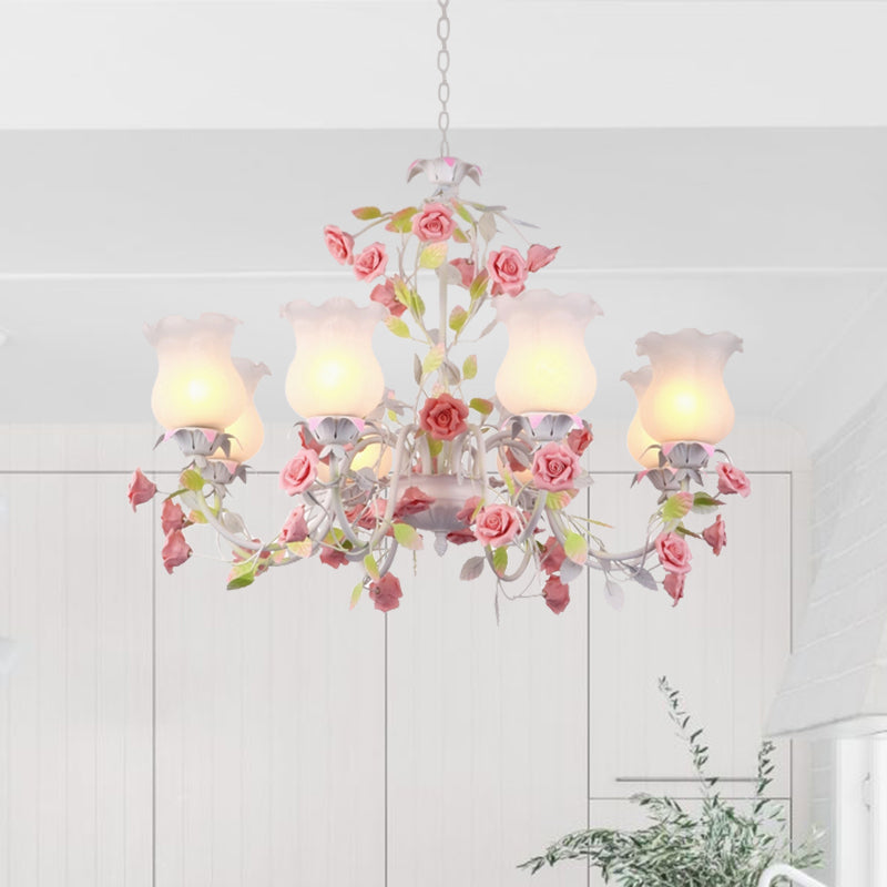 Rose Living Room Ceiling Chandelier Pastoral White Glass 8 Heads Pink Hanging Light Fixture