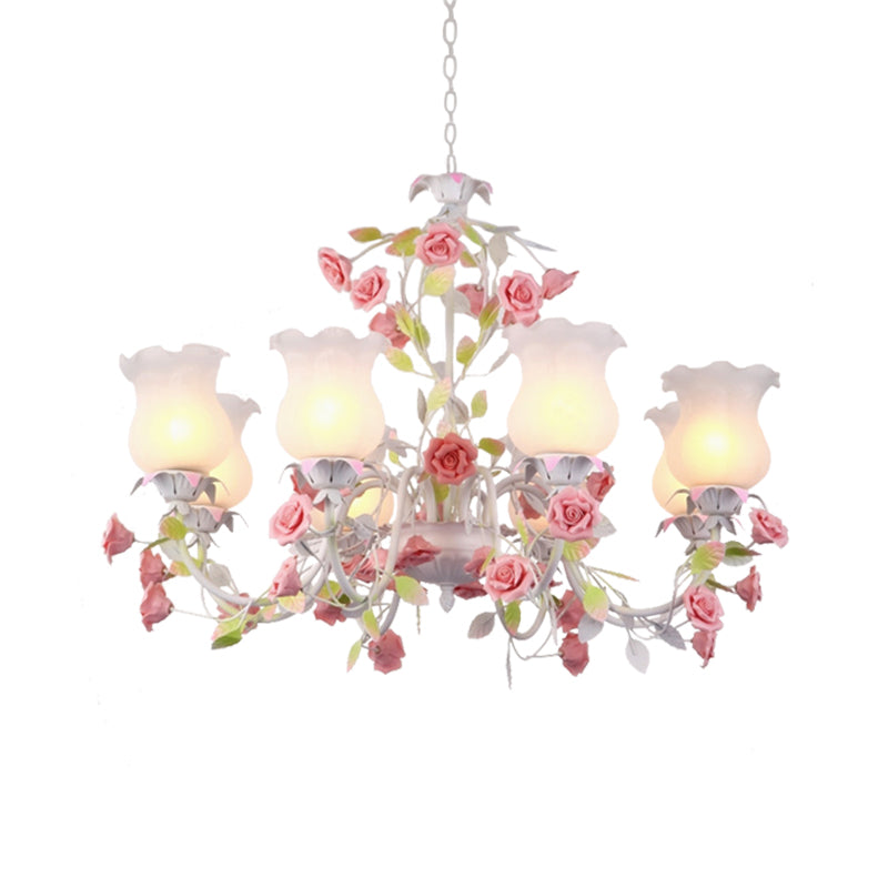 Rose Living Room Ceiling Chandelier Pastoral White Glass 8 Heads Pink Hanging Light Fixture