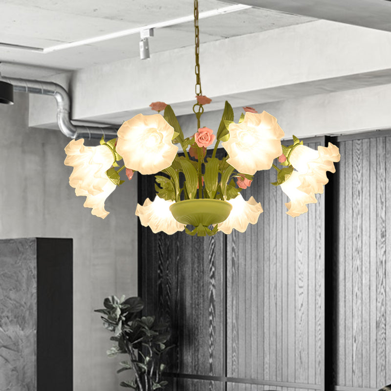 Korean Garden Rose Chandelier Lighting 6/8 Bulbs Cream Glass Pendant Light in Green for Restaurant