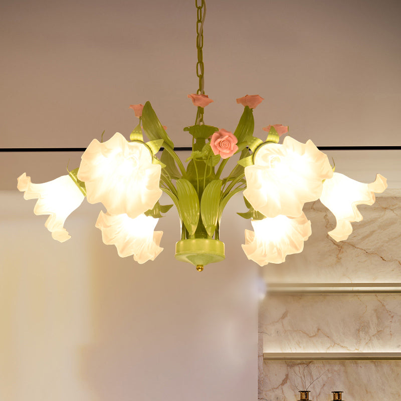 Korean Garden Rose Chandelier Lighting 6/8 Bulbs Cream Glass Pendant Light in Green for Restaurant
