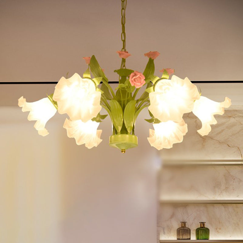 Korean Garden Rose Chandelier Lighting 6/8 Bulbs Cream Glass Pendant Light in Green for Restaurant