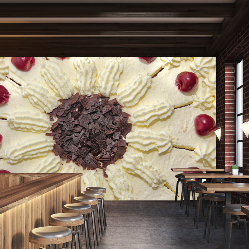 Customized Dessert Wall Mural with Cherry Cake Pattern Mildew Resistant Wallpaper Commerce Shop