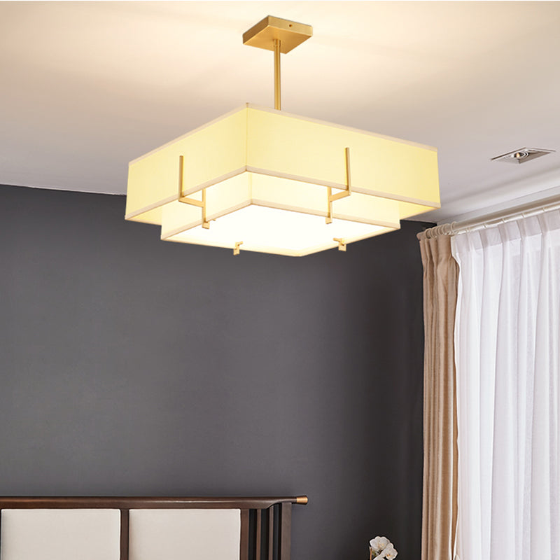 Brass Geometric Pendant Lamp Classic Fabric Chandelier for Living Room