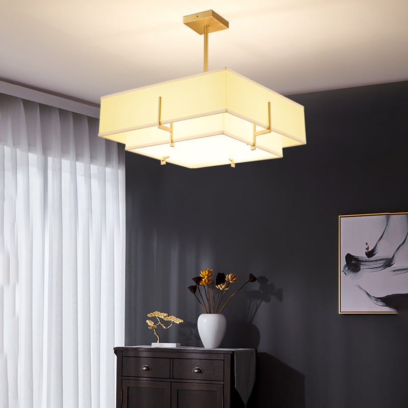 Brass Geometric Pendant Lamp Classic Fabric Chandelier for Living Room