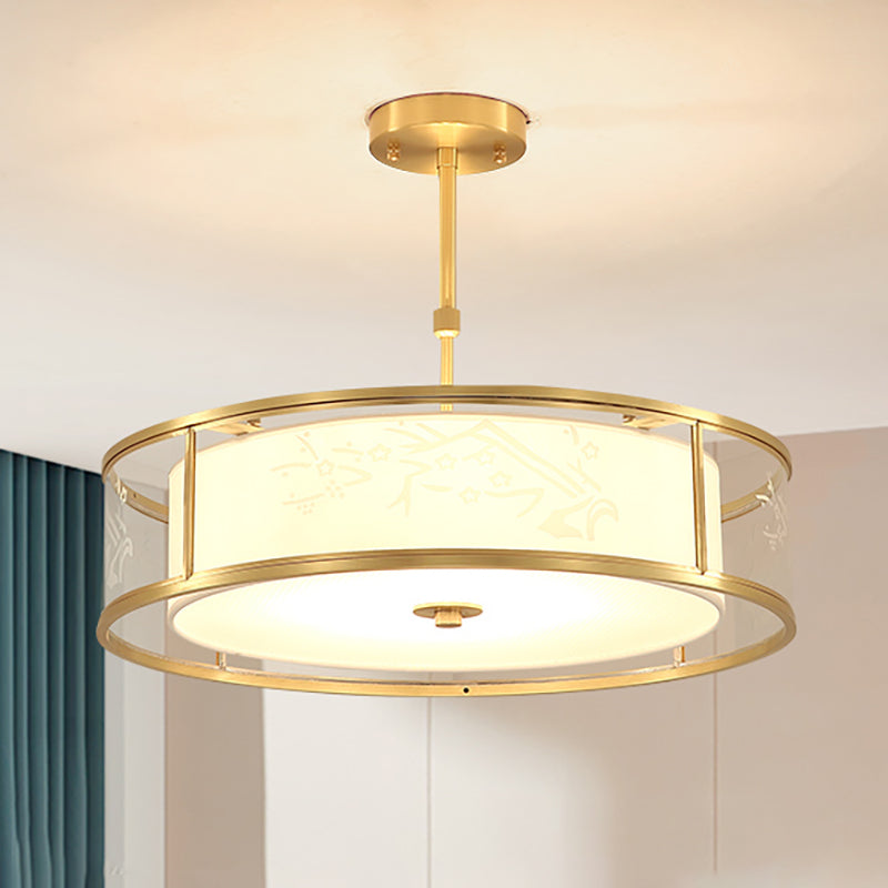 Brass Geometric Pendant Lamp Classic Fabric Chandelier for Living Room