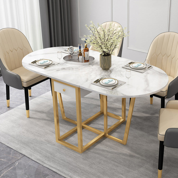 Modern White Dining Table 63" Rectangle Sintered Stone Drop-Leaf Table for Home Use