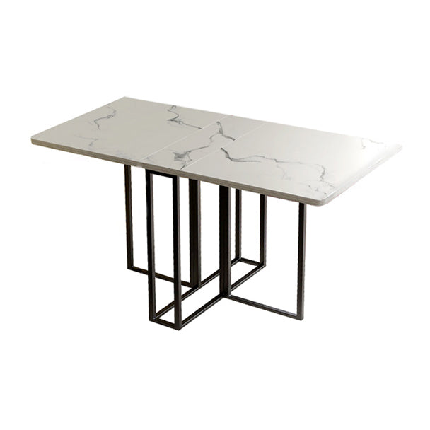 Foldable Artificial Wooden Top Dining Table Extendable Rectangle Table with Trestle Base