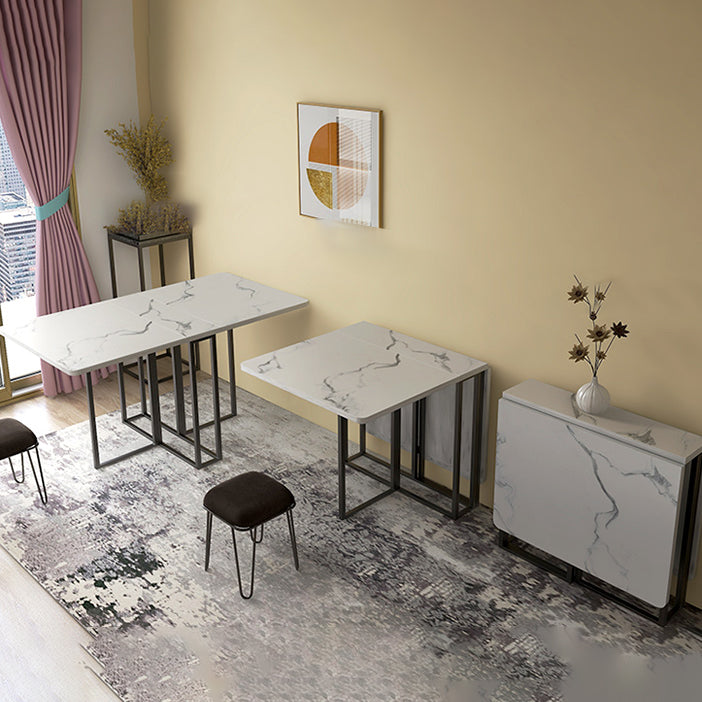 Foldable Artificial Wooden Top Dining Table Extendable Rectangle Table with Trestle Base