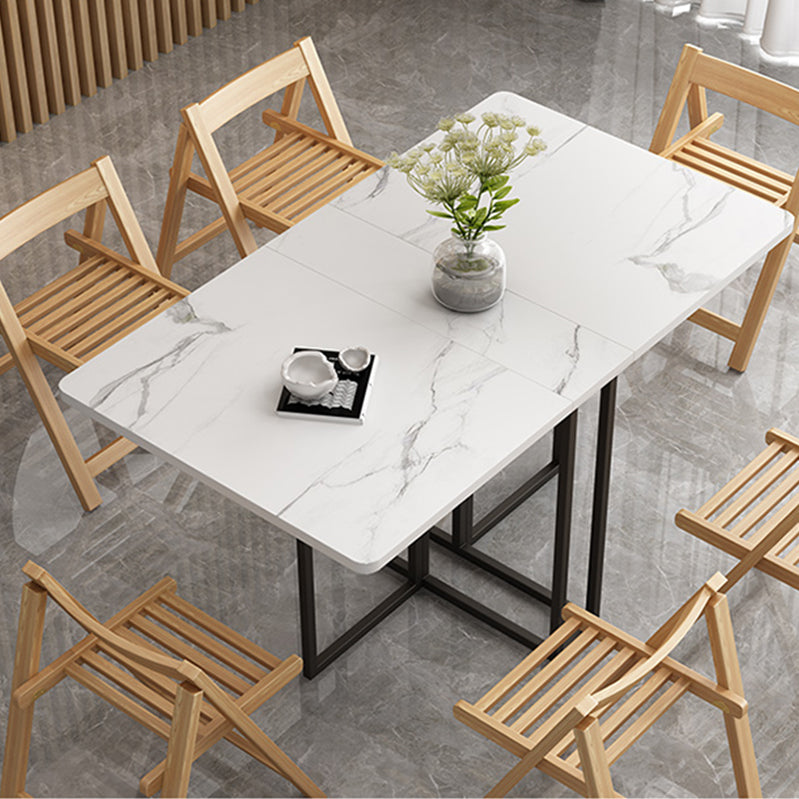 Foldable Artificial Wooden Top Dining Table Extendable Rectangle Table with Trestle Base