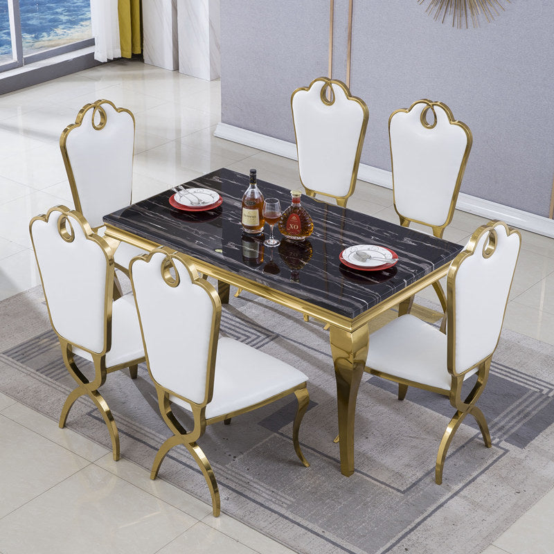 Marble Dining Table Luxury Style 4 Legs Metallic Base Rectangle Table for Home