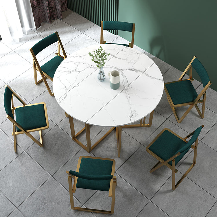 Foldable Artificial Wooden Top Dining Table Extendable Round Table with Trestle Base