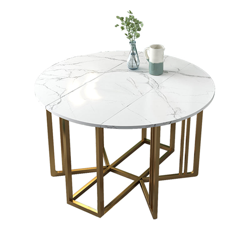 Foldable Artificial Wooden Top Dining Table Extendable Round Table with Trestle Base