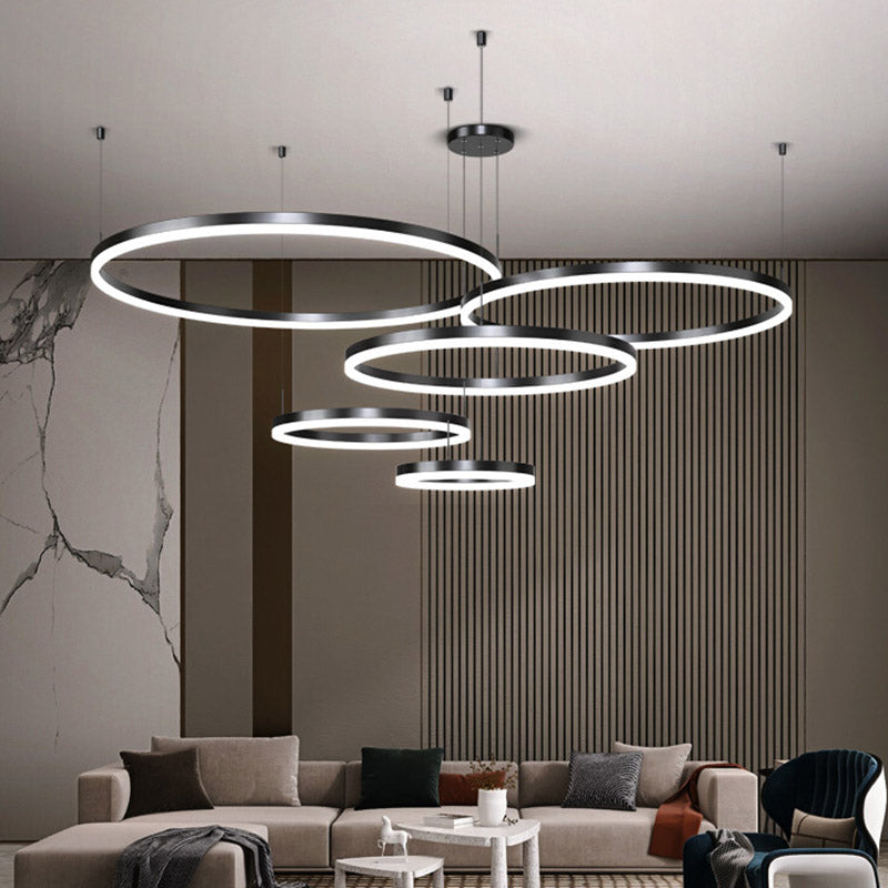 Metal Circle Pendant Chandelier Minimalist Black LED Pendant Light for Living Room