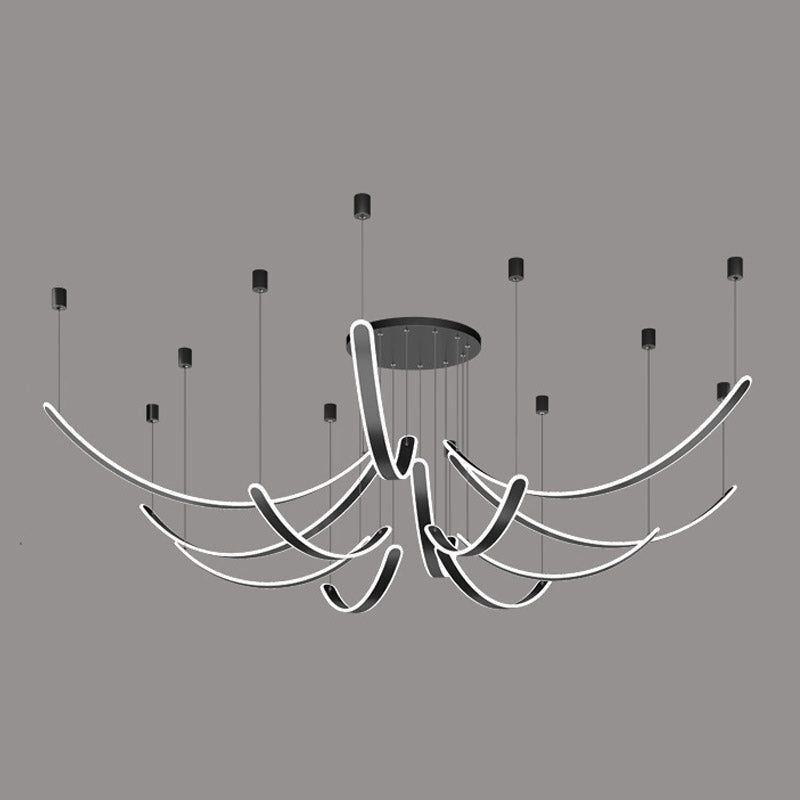 Curved LED Chandelier Minimalist Metal Living Room Villa Hanging Light in Black
