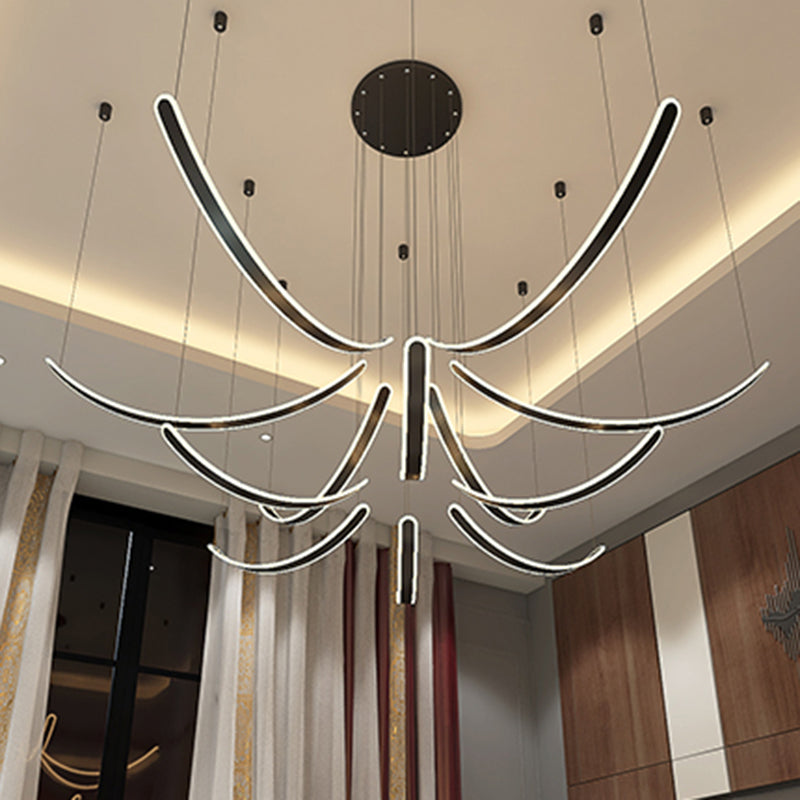 Curved LED Chandelier Minimalist Metal Living Room Villa Hanging Light in Black